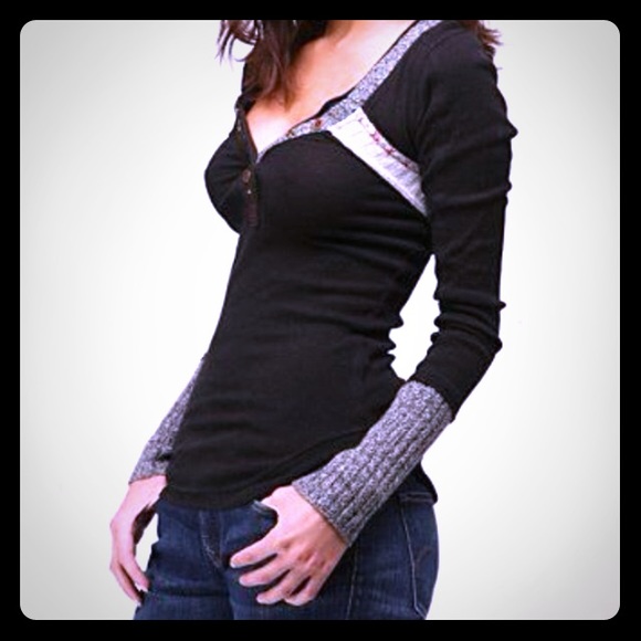 Free People Tops - Free People 🌁Black Cuff Thermal Henley Top M